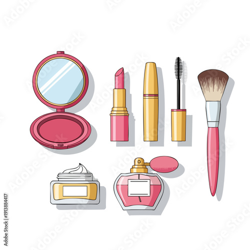 Beauty and Makeup Products Set with Mirror and Brush for Cosmetic Application