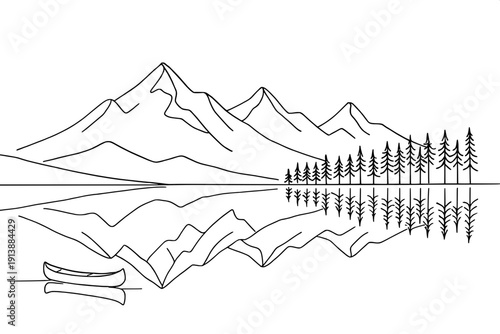 Minimalist Mountain Lake Reflection - B&W Fine Line Nature Scenery