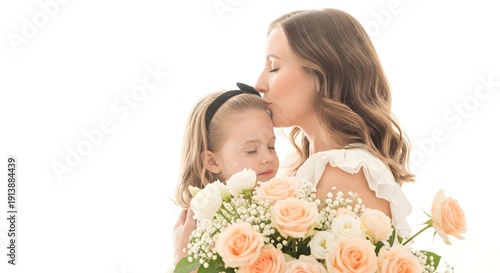 A mother kissing a little girl while holding a bouquet of peach roses isolated on white background
