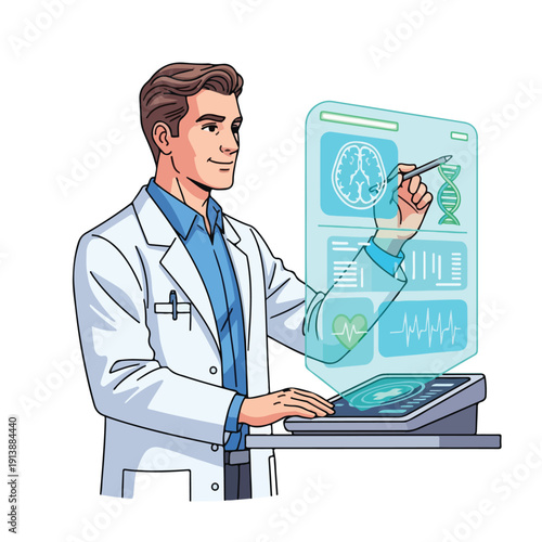Male Scientist Working on Digital Medical Interface.