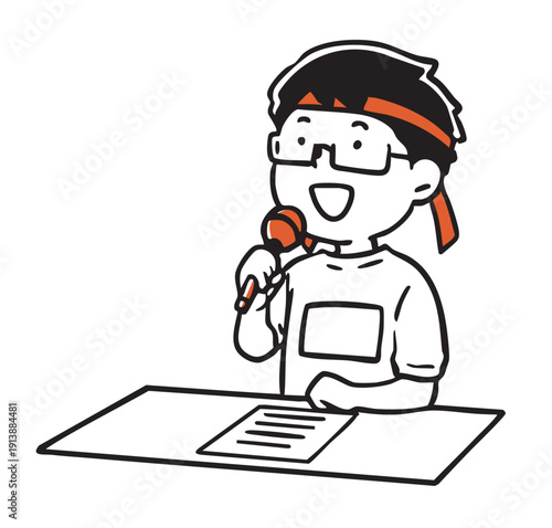 運動会で実況アナウンスをする男の子_単色