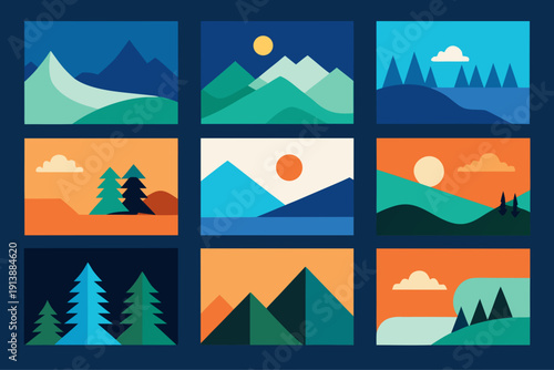 A collection of nine minimalist landscape illustrations