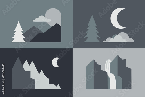 Monochromatic mountain landscapes with trees and moon phases