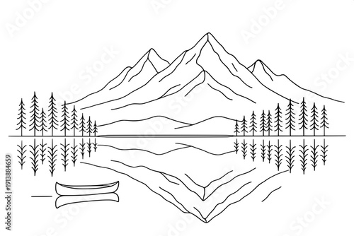 Minimalist Mountain Lake Reflection - B&W Fine Line Nature Scenery