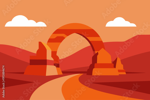 Vibrant desert landscape with iconic natural arch and winding road