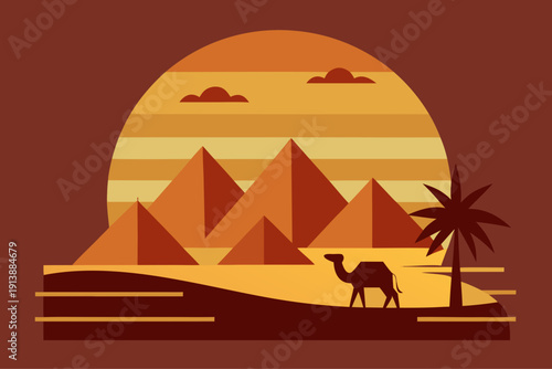 Desert landscape with pyramids and camel
