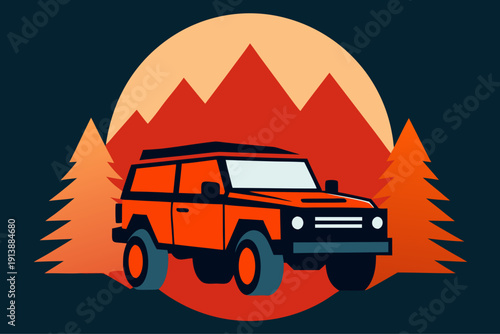 Off road adventure vehicle in front of a mountainous landscape