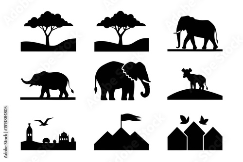Black silhouettes of trees elephants and landscapes