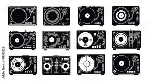 Collection of vintage record players and dj turntables in black and white