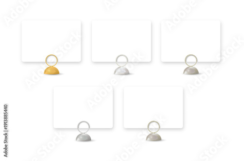 Table stand with metal clip holding blank card for business display. Realistic mockup for restaurant sign, office memo, or desktop message template. Vector