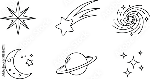 Set of minimalist line art celestial objects icons simple outline vector design for astronomy apps and cosmic themes isolated on white background