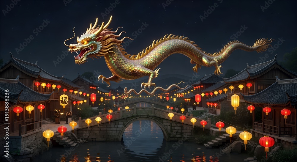 Obraz premium Golden Dragon Above Lantern Lit Chinese Water Town at Night