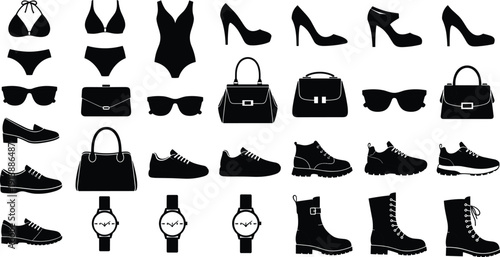 Women fashion accessories silhouettes set, shoes handbags sunglasses watches swimwear isolated on white background vector illustration collection