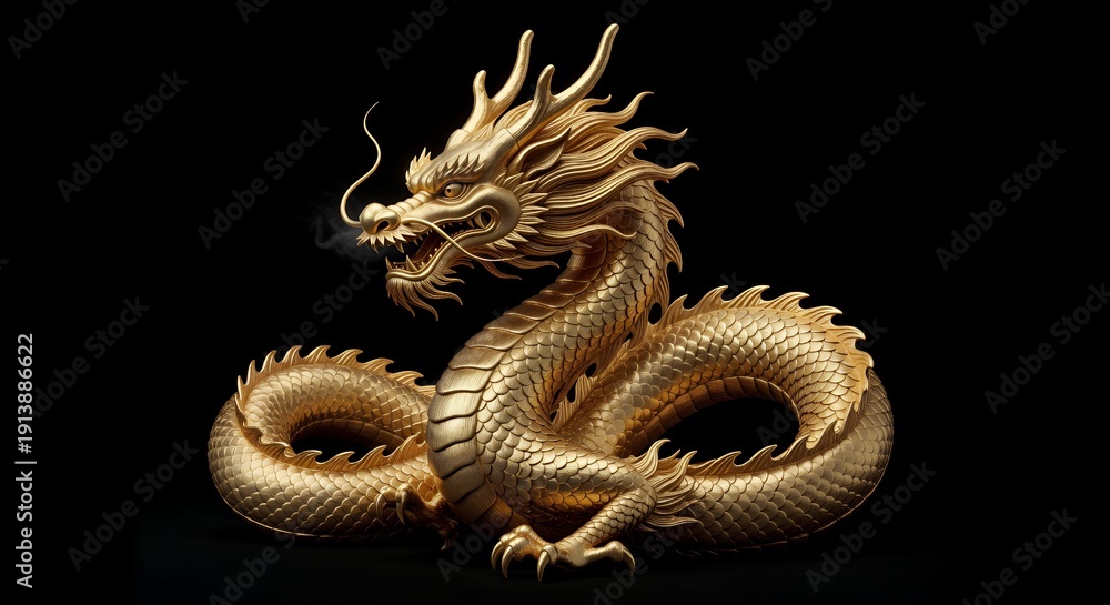 Fototapeta premium Golden Coiled Chinese Dragon on Black Background