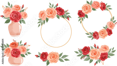 Watercolor floral arrangements and wreaths with roses and greenery on white background