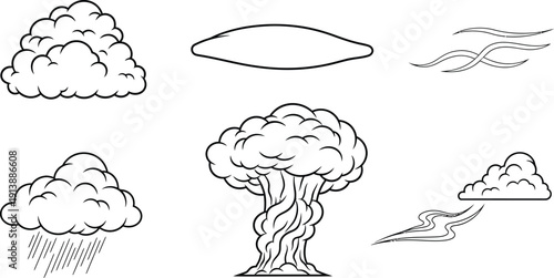 Diverse set of cloud formations and atmospheric elements rendered in a black and white line art vector style for weather forecasting and design projects