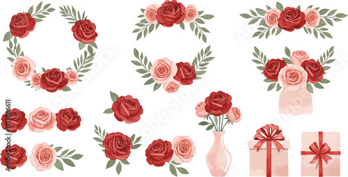 Red rose floral arrangements and wreaths with ribbons and gifts for valentine s day or wedding decoration ideas