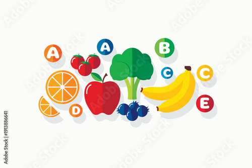 Flat vector illustration of vitamins and healthy food in minimalistic vector style.eps