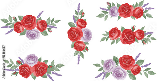 Vintage floral bouquet illustrations with red roses and lilac flowers on white background