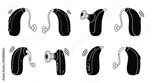 Various styles of modern hearing aids displayed in a black and white illustration