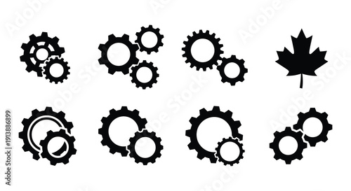 Black and white icons depicting gears a maple leaf and circular designs