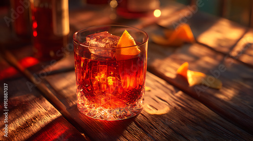 Classic Negroni cocktail sits on a wooden table. An orange slice rests on the rim. The warm light of sunset creates shadows near a few scattered pieces of orange.