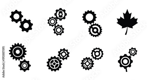 Black and white icons depicting gears a maple leaf and circular designs