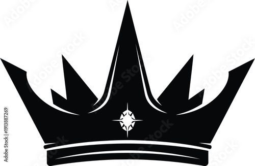 Black royal crown with star on white, luxury and power symbol