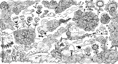 Detailed hand-drawn doodle art with whimsical floral patterns, swirling clouds, fantastic landscapes, and imaginative elements for coloring books or decorative design.