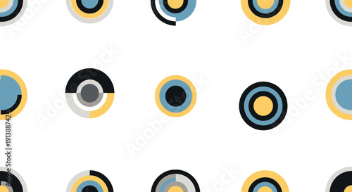 Seamless pattern of abstract geometric circles with segments in blue, yellow, black, and grey on a white background, creating a modern and minimalist design.