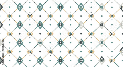 Abstract geometric pattern featuring teal and gold diamonds and dots interconnected by lines on a white background, creating a repeating grid design.