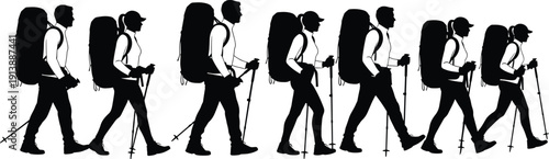 Hiking couple silhouette set, backpackers walking with trekking poles isolated on white background vector illustration