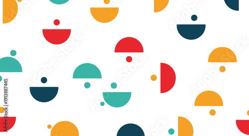 Abstract pattern of colorful semi-circular shapes with dots, resembling stylized bowls or minimalist figures, on a white background.