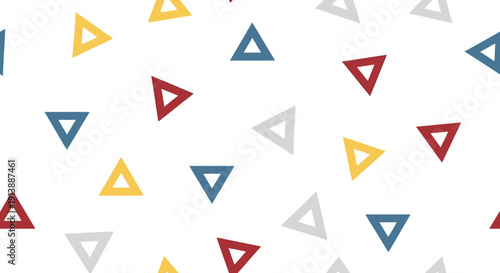 Seamless pattern featuring scattered outlines of colorful triangles in red, blue, yellow, and grey on a clean white background.