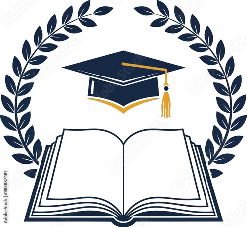 Graduation Cap and Open Book with Laurel Wreath on White Background
