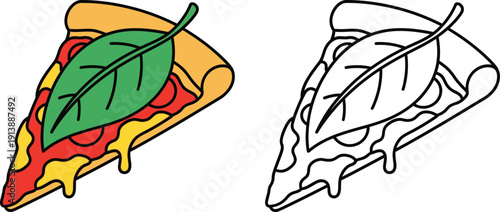 Delicious Pizza Slice with Fresh Green Leaf Topping Outline and Color Vector Illustration