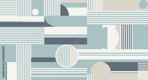 Abstract geometric pattern with muted blue, grey, and beige tones, featuring a composition of stripes, blocks, and curved shapes creating a modern design.