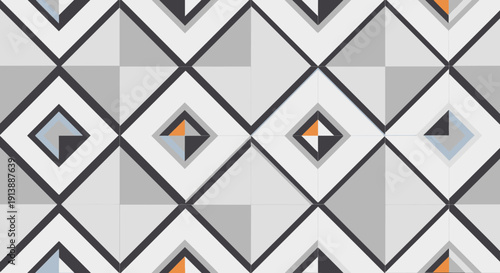 Abstract geometric pattern with interlocking diamonds and triangles in grey, white, black, orange, and blue hues.