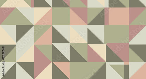 Abstract geometric pattern with squares and triangles in muted earthy tones of green, beige, and dusty rose, creating a seamless mosaic.
