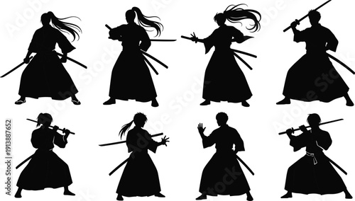 Samurai warrior silhouettes, katana sword poses, martial arts illustration, Japanese culture design, traditional samurai attire, sword fighting dynamic stances