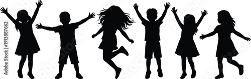 Happy children jumping silhouettes, boys and girls celebrating with raised hands isolated on white background illustration