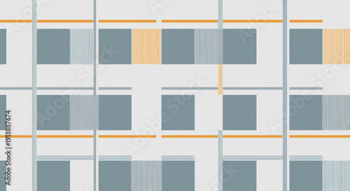 A minimalist and abstract graphic pattern resembling a building facade with teal windows and orange horizontal accents on a light grey background.