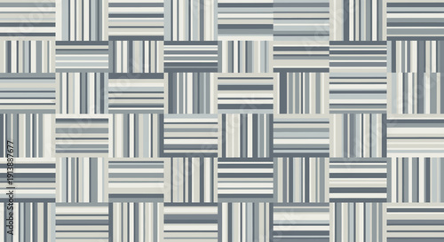 Abstract geometric pattern featuring a grid of squares filled with alternating horizontal and vertical stripes in shades of grey, white, and light blue, creating a woven texture.