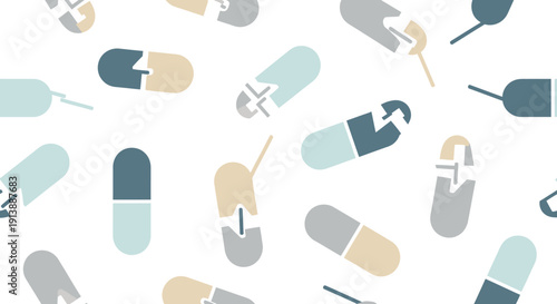 A seamless pattern of stylized medical capsules and broken pills in muted colors scattered on a white background, representing healthcare and medication.