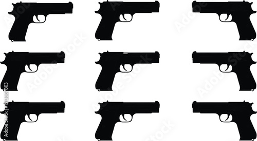 Semi automatic pistol silhouette set, handgun firearm black white vector illustration isolated on white background collection