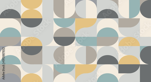 Abstract geometric pattern with circles and semicircles in a retro mid-century modern style, featuring muted tones of grey, yellow, and teal.