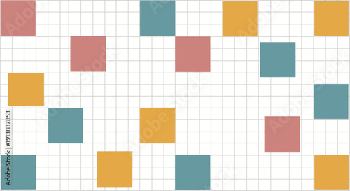 Abstract pattern of colorful squares on a white grid background, creating a playful and geometric design.