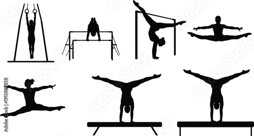 Gymnast silhouette collection, artistic gymnastics poses on bars rings and beam isolated on white background illustration