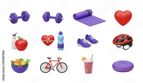 Realistic 3D Healthy Lifestyle Icon Set for Fitness, Nutrition, and Wellness EPS 10