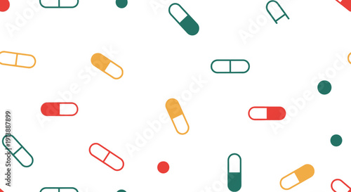 Seamless pattern of colorful medical capsules and dots on a white background, representing health and pharmacy.